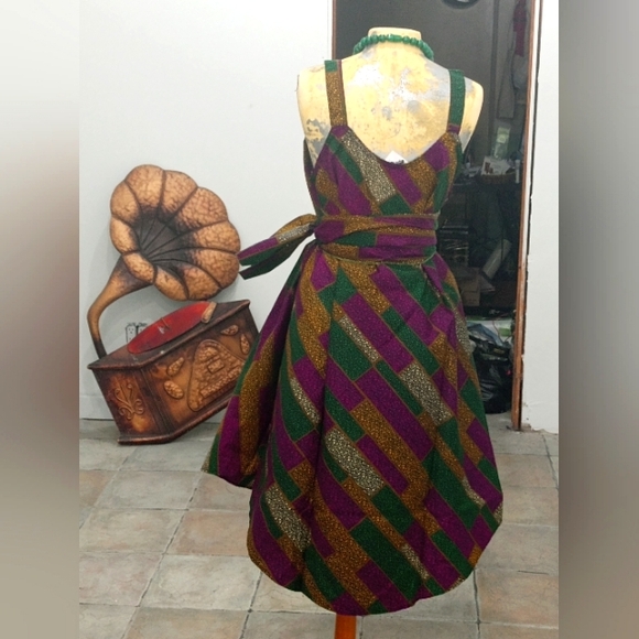 Dress African Print Wide w/Head Tie Either worn as a Belt💚💜💛 - Picture 2 of 3